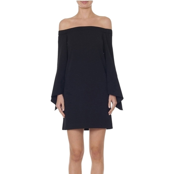 Tibi Off Shoulder Tie Sleeve Crepe Shift Dress Black Loose Fit Size: 0 - Picture 3 of 14